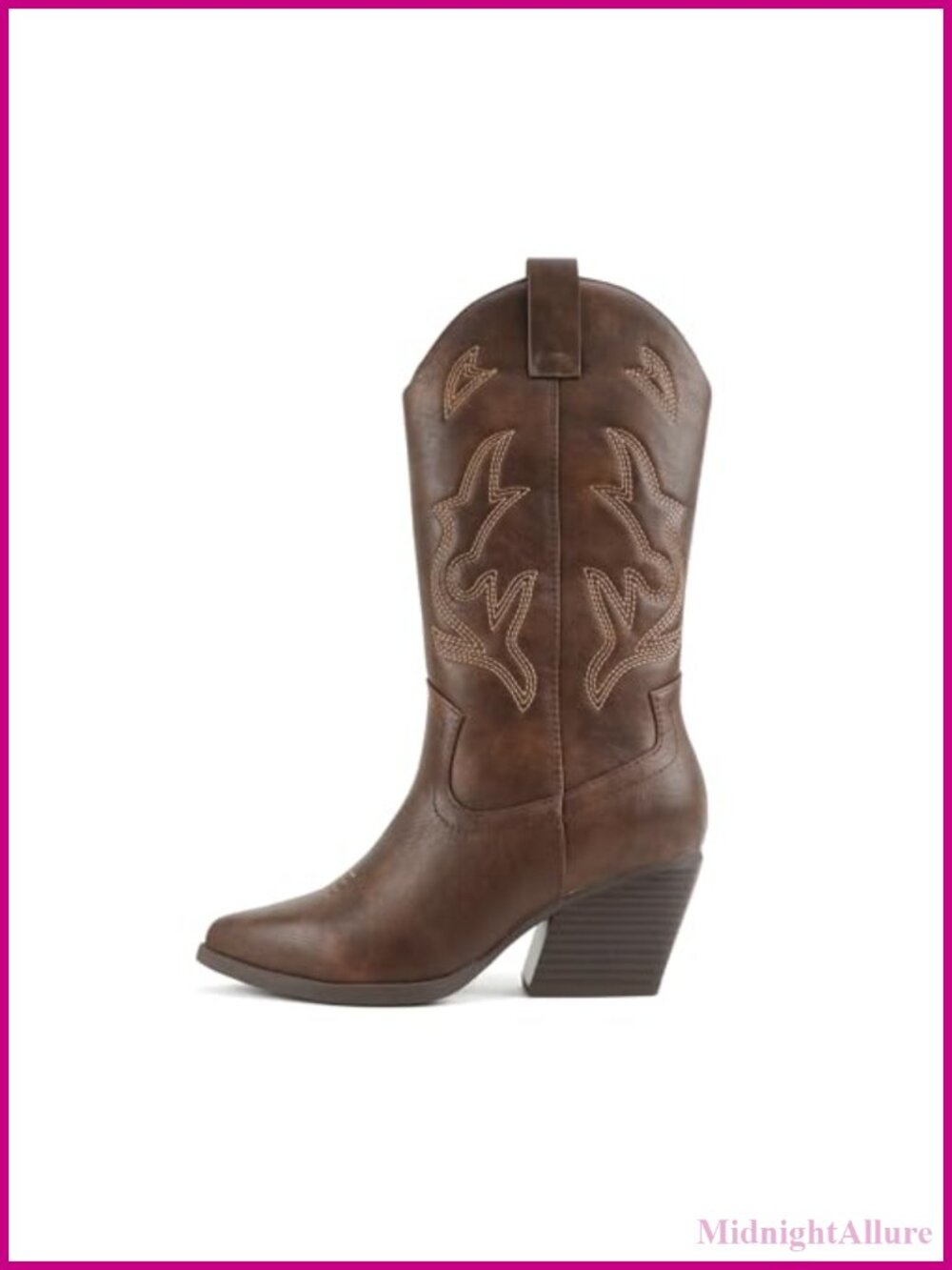 Western Cowboy Pointed Toe Stitched Mid Calf Boots Pull On Block Heel